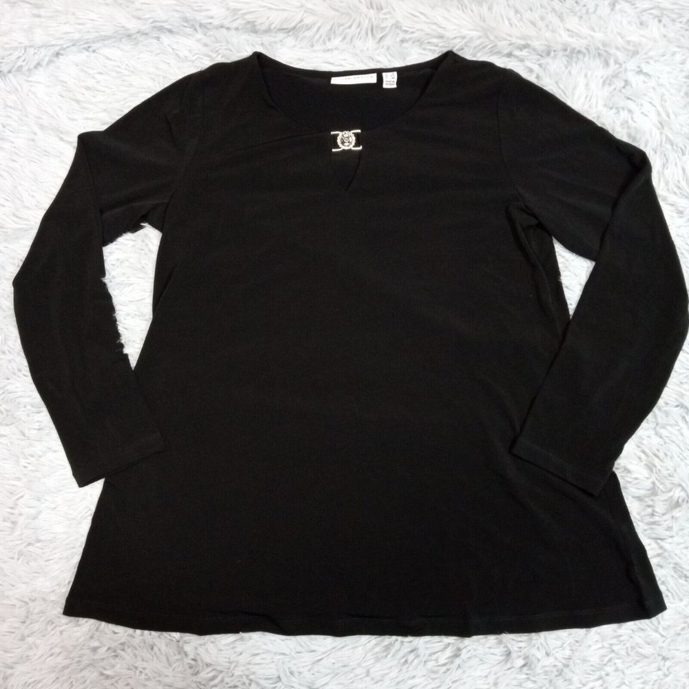 Susan Graver Womens Shirt Tunic Black Small Petite A Line Keyhole Liquid Knit